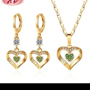 Gold and Emerald Heart Pendant And Earrings Jewelry Set